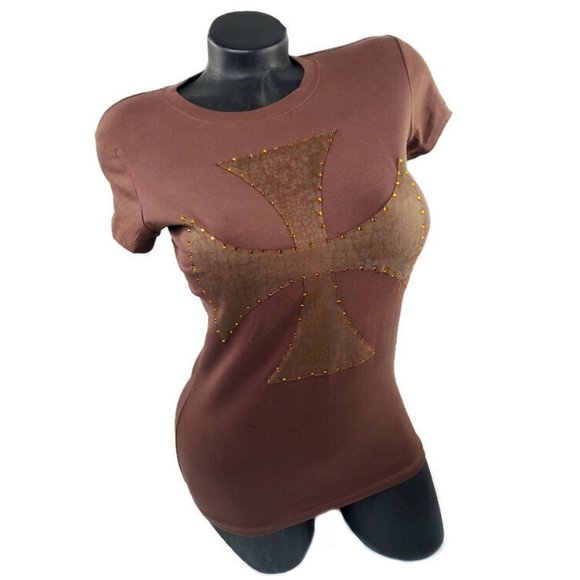** NEW ** Chocolate Fitted Spandex Tee with Fabric stitch Cross with Crystals. - Picture 1 of 5